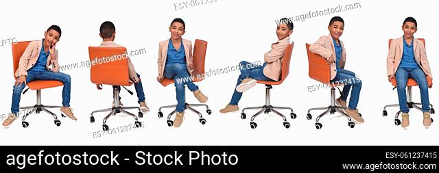 various poses of same boy sitting on chair on white background