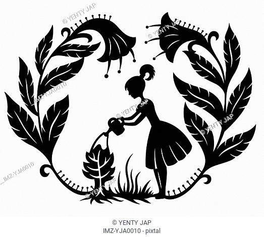 A paper-cut design of a young girl watering a small plant
