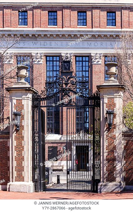 Boylston Gate with Widener Library at Harvard University campus in Cambridge, MA, USA