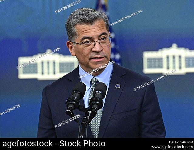 United States Secretary of Health and Human Services Xavier Becerra makes remarks prior to US Vice President Kamala Harris announcing new actions by the...