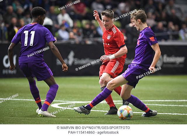 left to right Abdi Sharif (Liverpool FC), Dennis Waidner (Bayern Munich), Thomas Clayton (Liverpool FC). GES / football / indoor tournament: Mercedes-Benz...