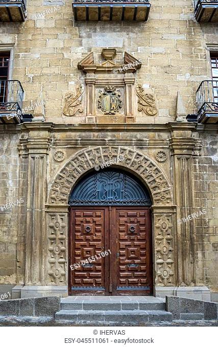 Facade of the Town Hall of Sos del Rey Catolico, Zaragoza, Aragon, eastern Spain. It was built at the end of the XVI century in Renaissance style