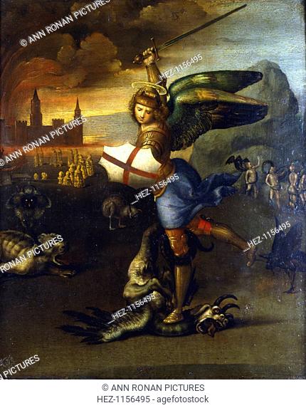 'St Michael the Archangel', c1503-1504. St Michael depicted as a knight in armour with shield and sword attacking the dragon as described in Revelations