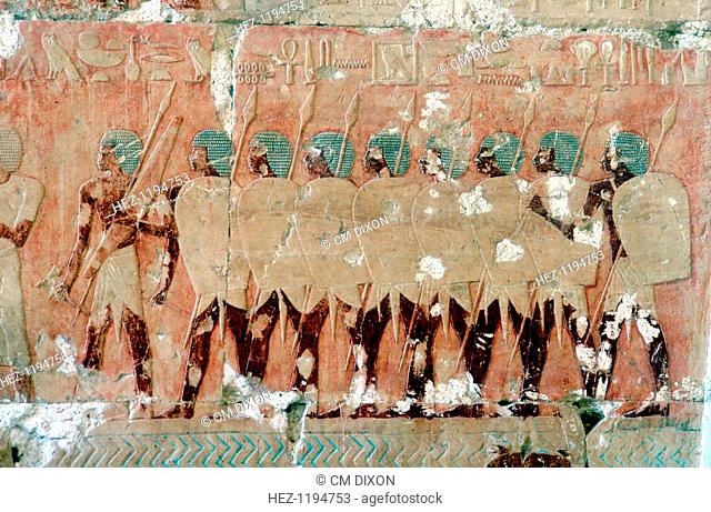 Wall painting of Egyptian soldiers on the expedition to the Land of Punt, Temple of Queen Hatshepsut, Luxor, Egypt, c1470 BC