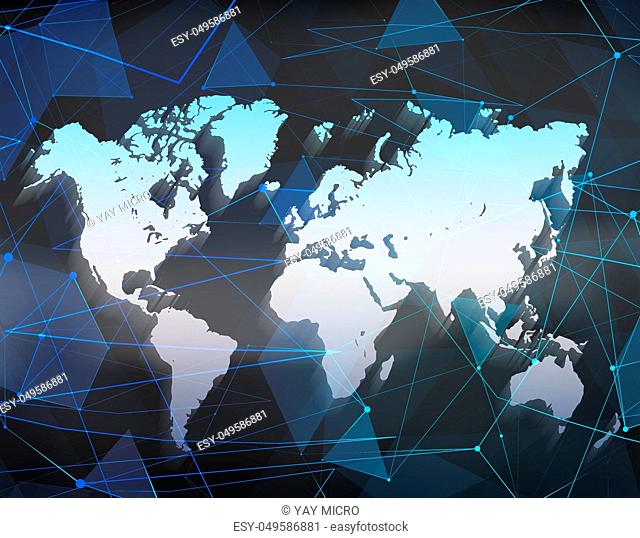 World map on polygonal background. Global travel geography and connect, continent and planet. 3d illustration