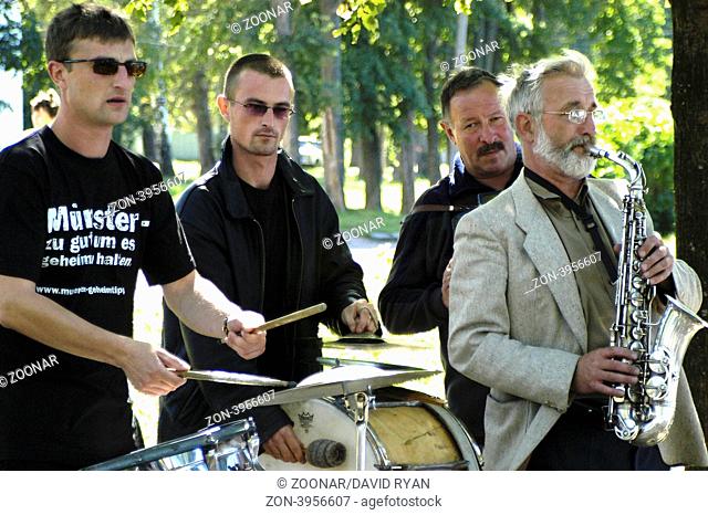 Russia, Uglich, (Yaroslavl Oblast) Street Band welcoming tourists from river cruises