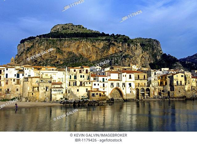 Old port Mt. La Rocca, moorish architecture town of Cefalu, Province of Palermo, Sicily, Italy