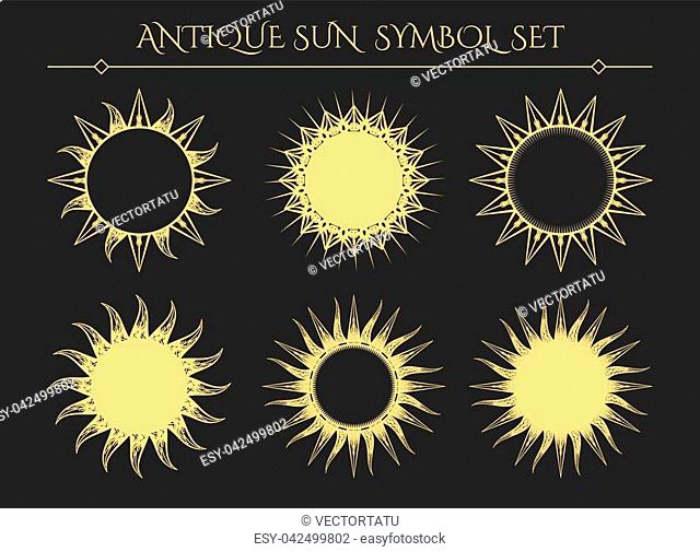 Sun symbols. Vintage starburst mystical icons or spiritual geometry star logo signs