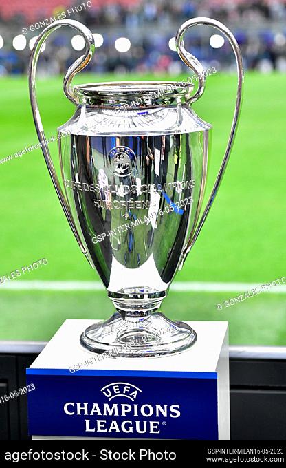 Milano, Italy. 16th, May 2023. The UEFA Champions League trophy seen before the UEFA Champions League match between Inter and AC Milan at Giuseppe Meazza in...