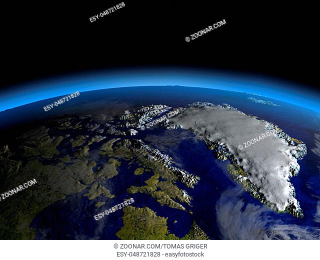 Northern Canada and Greenland from space at night with visible illuminated city lights. 3D illustration with detailed planet surface