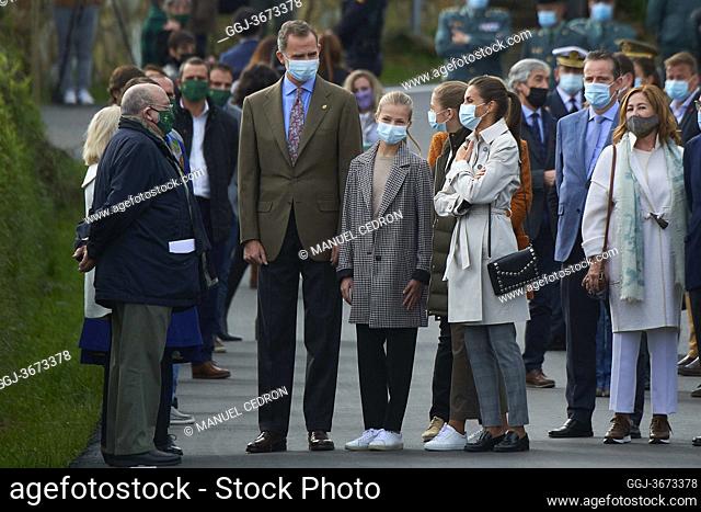 King Felipe VI of Spain, Queen Letizia of Spain, Crown Princess Leonor, Princess Sofia visit Somao, exemplary village during Princess of Asturias Awards 2020 on...