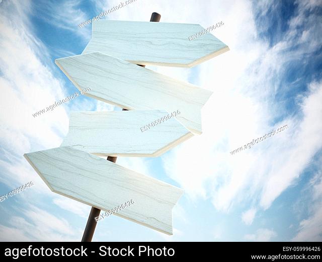 Signboard with blank arrows against sky background. 3D illustration