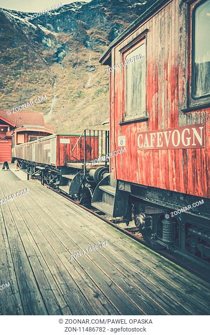 Flam, Norway - October 2017 : Old Flamsbana train carriage in the railway museum in the Flam town, Norway