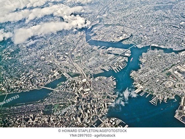 Aerial view of Boston, Massachusetts including part of the Boston Harbor and the Tobin bridge (upper right of center)