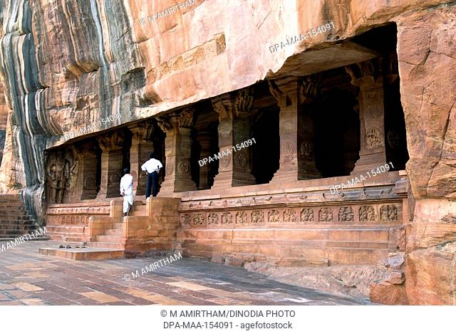 Cave three dedicated to Vishnu is the largest and most elaborate at ; cave temple 6th century 578 AD ; Badami ; Karnataka ; India
