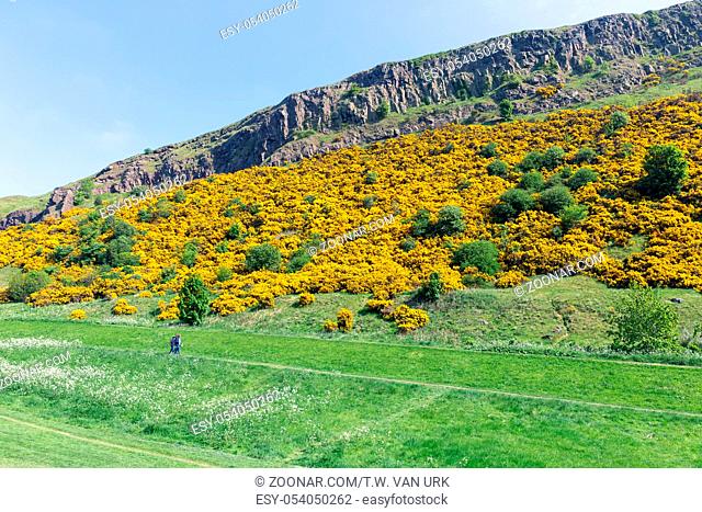 Edinburgh, Scotland - May 24, 2018: Hiking people at footpath near mountain Arthur's seat in Edinburgh