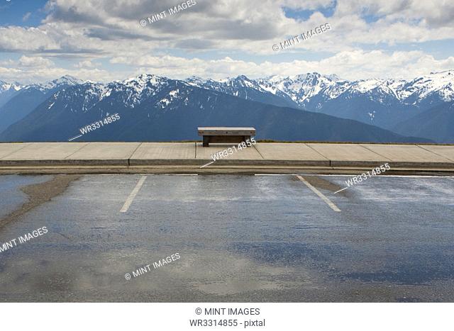 Park bench facing Hurricane Ridge, Olympic National Park, Port Angeles, Washington, United States