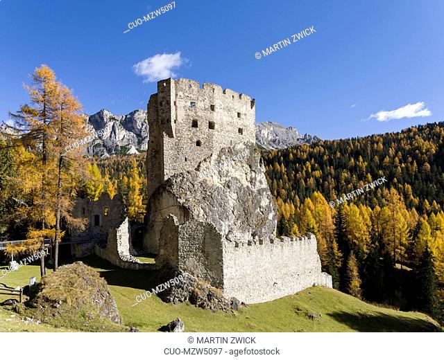 Andraz Castle (also called Buchenstein or Andrac) near Passo Falzarego in the Dolomites of the Veneto. The Dolomites of the Veneto are part of the UNESCO world...