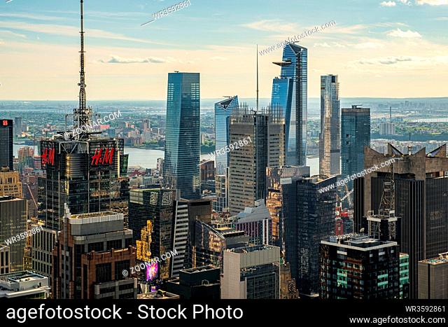 New York City - USA - May 24 2019: Cityscape of midtown skyscrapers and buildingds at sunset view from rooftop Rockefeller Center