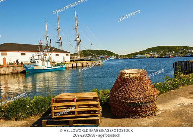 Sailing ship Lord Nelson moored in harbour, St Anthony, Newfoundland, Canada. . Operated by the Jubilee Sailing Trust to allow disabled and able bodied chance...