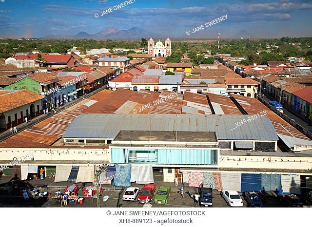 View from cathedral looking across market towards El Calvario church, Leon, Nicaragua