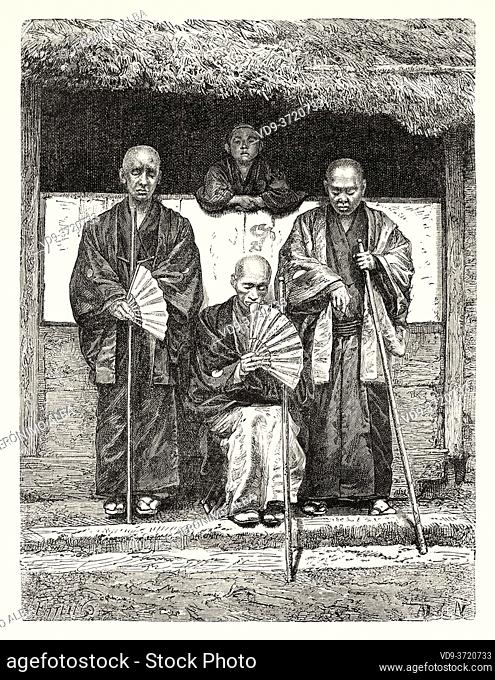 Three members of the brotherhood of the blind, Tokyo, Japan. Old 19th century engraved illustration Travel to Japan by Aime Humbert from El Mundo en La Mano...