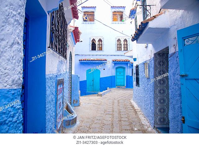 small streets in blue village Chefchaouen in Maroc