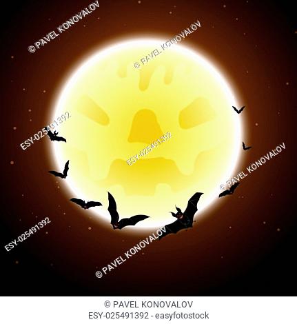 Halloween greeting (invitation) card. Elegant design with flying bats in front of moon over grunge dark brown starry sky background