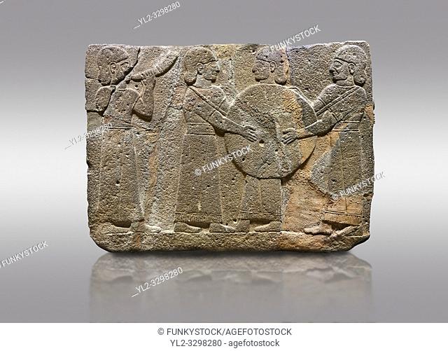 Picture & image of Hittite monumental relief sculpted orthostat stone panel of Procession. Basalt, KarkamÄ±s, (KargamÄ±s), Carchemish (Karkemish), 900 - 700 B
