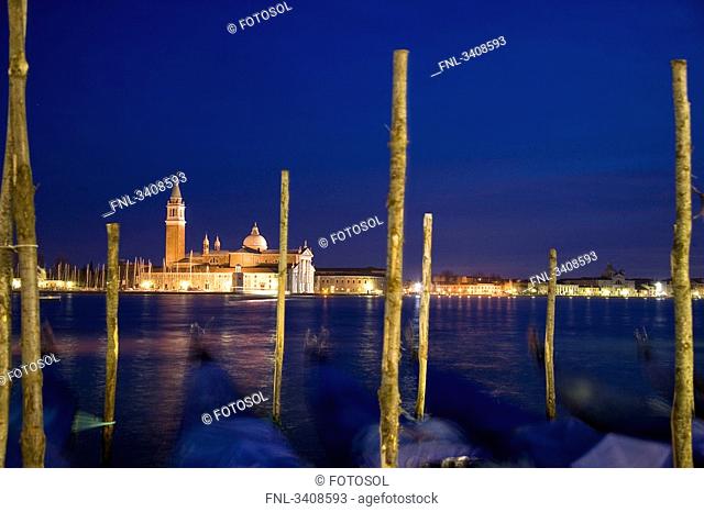 View of San Giorgio Maggiore, moored gondolas in the foreground, Venice, Italy