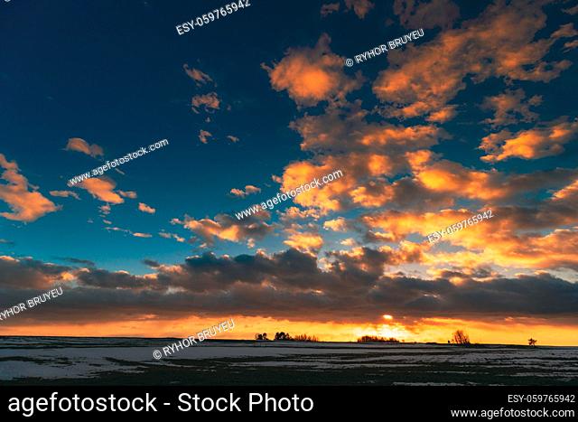 Winter Meadow Field At Evening Sunset. Natural Bright Dramatic Sky Colours Above Countryside Snowy Landscape. Agricultural Landscape In February