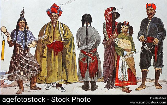 Kleidung, Mode in Indien, von 1600-1800, in Tibet und Tungusen, von links, ein Lama, ein Lama ist ein tibetischer Dharmalehrer, dann ein Lama im weiten Mantel
