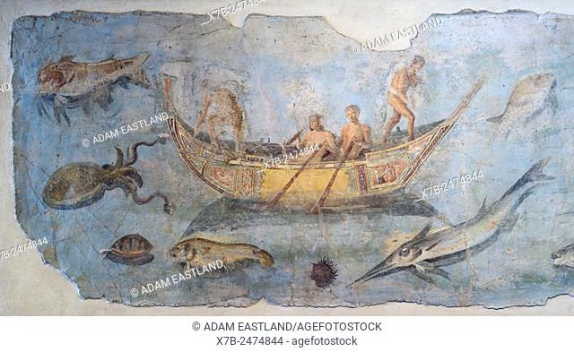 Rome. Italy. Fragment of fresco with marine life (125-150 AD). Palazzo Massimo alle Terme, Museo Nazionale Roma. . Frammento di parete con fauna mariba 125-150...