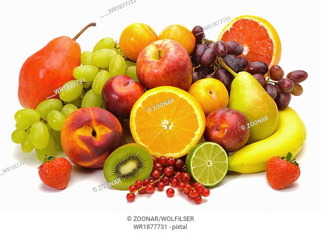 plate with fresh mixed fruits on white background
