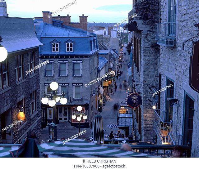 Canada, North America, America, Quartier du Petit Champlain, Quebec City, Quebec, alley, old town, lanterns, dusk, eve