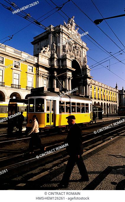 Portugal, Lisbon, Baixa district, Praca do Comercio Commerce Square, tram