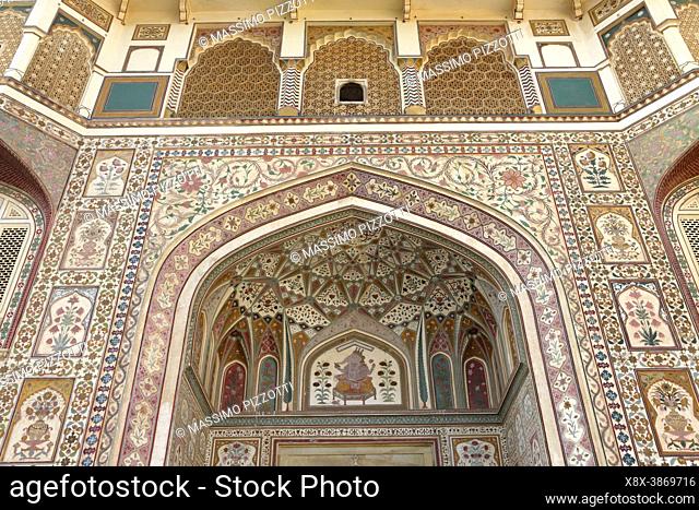 The decorations of Ganesh Pol at Amber Fort, Jaipur, India