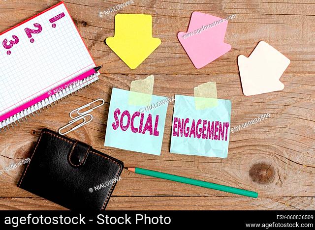 Text showing inspiration Social Engagement, Business showcase Degree of engagement in an online community or society Display of Different Color Sticker Notes...