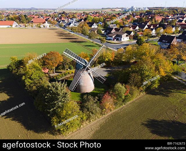Drone shot, Holländer Bockwindmühle, Söhlde, Hildesheim district, Lower Saxony, Germany, Europe
