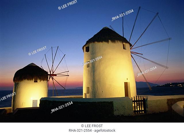 Floodlit windmills at night, Mykonos Town, Mykonos, Cyclades, Greek Islands, Greece, Europe