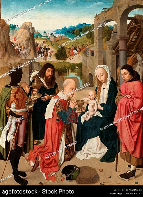 The Adoration of the Magi, The Adoration of the Magi. On the right the holy family in front of the stable in a ruin. On the left the three kings with their...