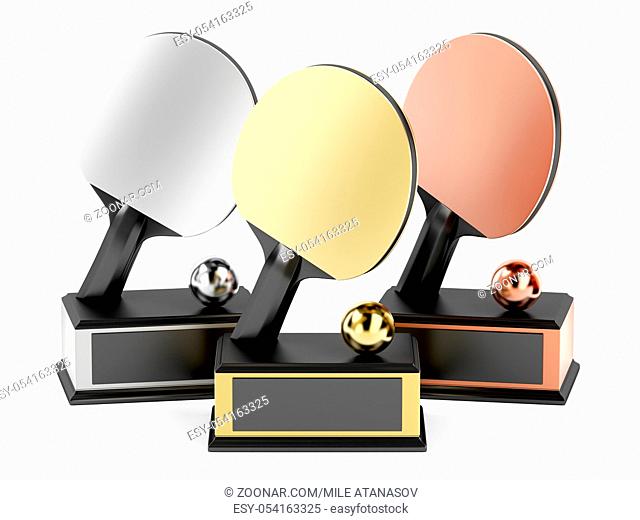 Gold, silver and bronze trophies for table tennis on white background