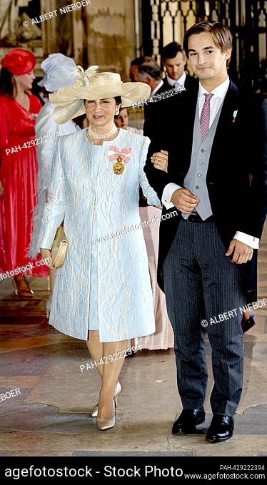 H.R.H. Lady Dona Isabel de Braganza and Prince Dinis, Duke of Porto arrive at the Basílica Palacio de Mafra, on October 07, 2023