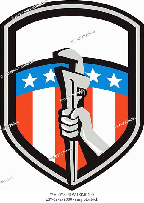 Illustration of a plumber hand holding adjustable pipe wrench viewed from the side set inside shield crest with usa american stars and stripes flag in the...