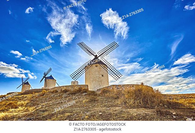 Landscape with windmills of Consuegra. Don Quixote route. Toledo. Castile-La Mancha. Spain