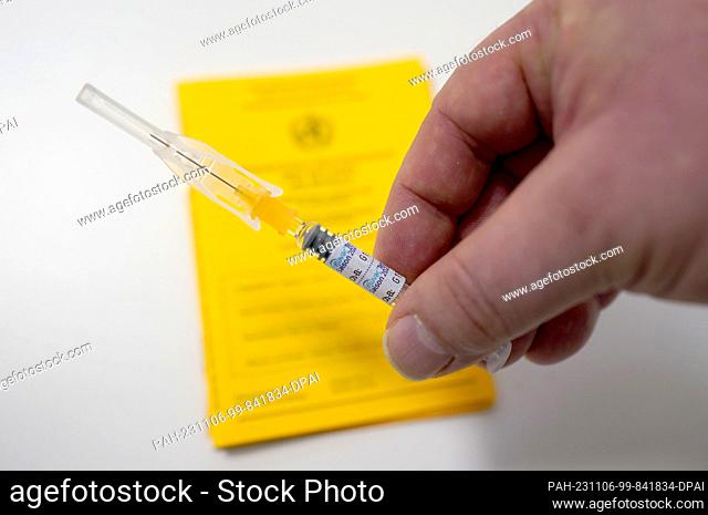 06 November 2023, Hamburg: A doctor holds a syringe with the Influvac Tetra flu vaccine over a vaccination card in a treatment room in the vaccination center at...