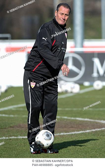 New head coach of German soccer club VfB Stuttgart, Huub Stevens, attends a training session in Stuttgart, Germany, 10 March 2014