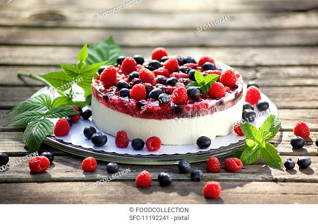 Berry layer cake with blueberries, raspberries and redcurrants
