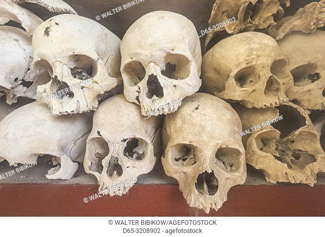 Cambodia, Siem Reap, Wat Thmei, human skulls of Khmer Rougue victims in memorial stupa