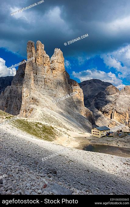 The Vajolet Towers, in the Rosengarten Group of Dolomites